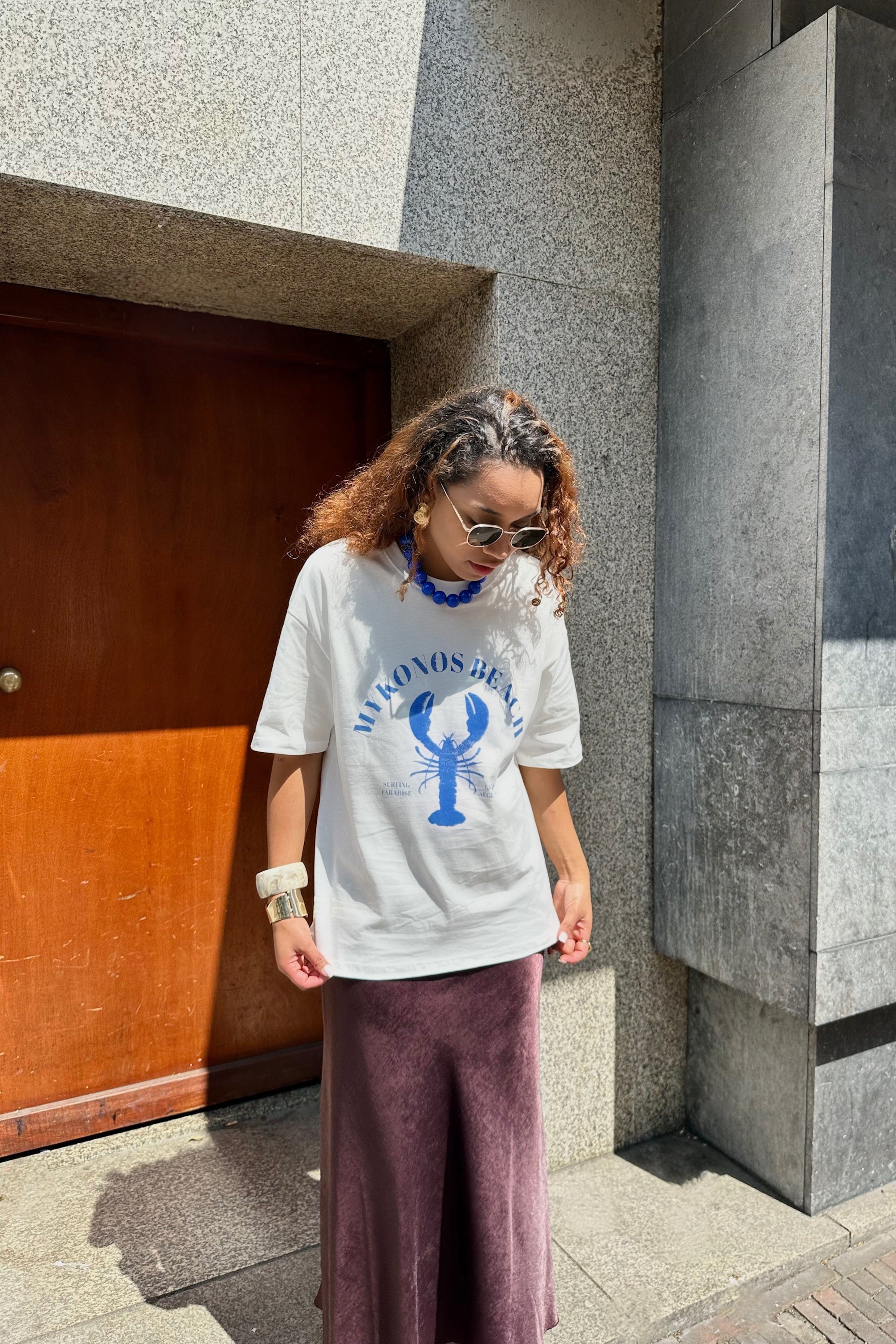 Oversized Mykonos T-shirt - Wit/Blauw
