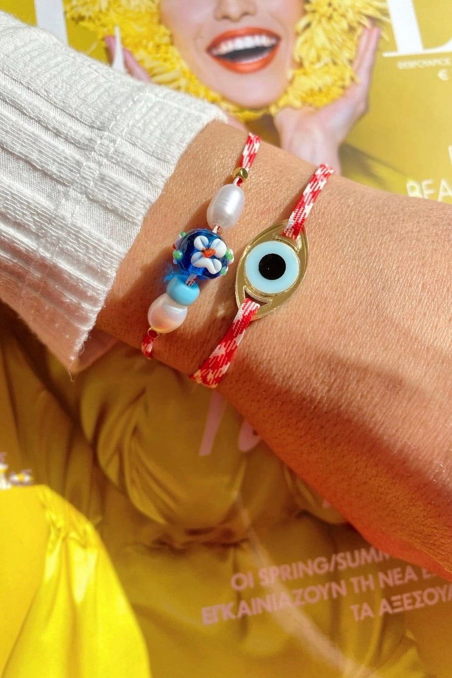 Gestreepte Koord Armband - Rood/Wit