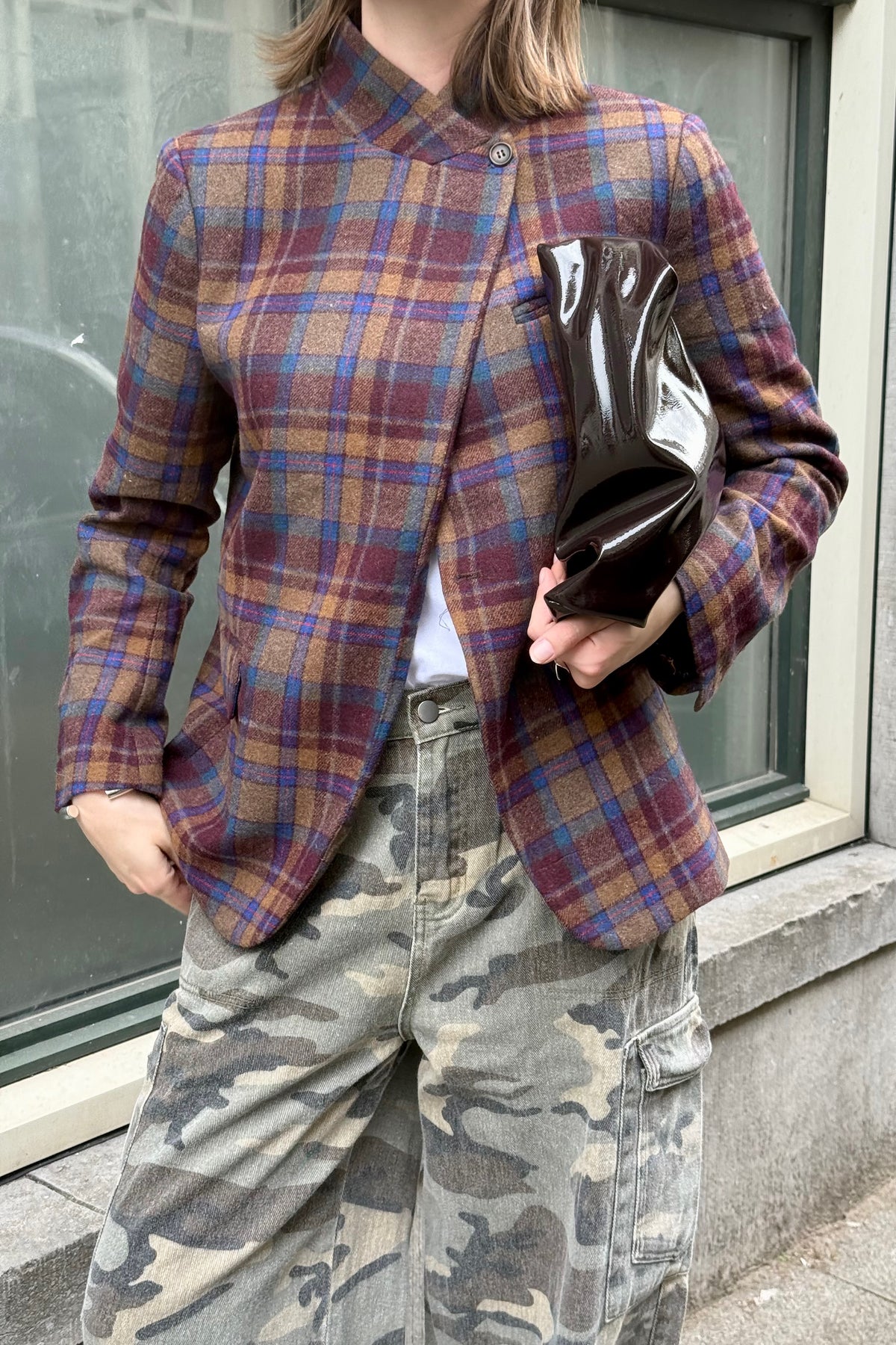 Check Fold Over Blazer - Bruin/Blauw