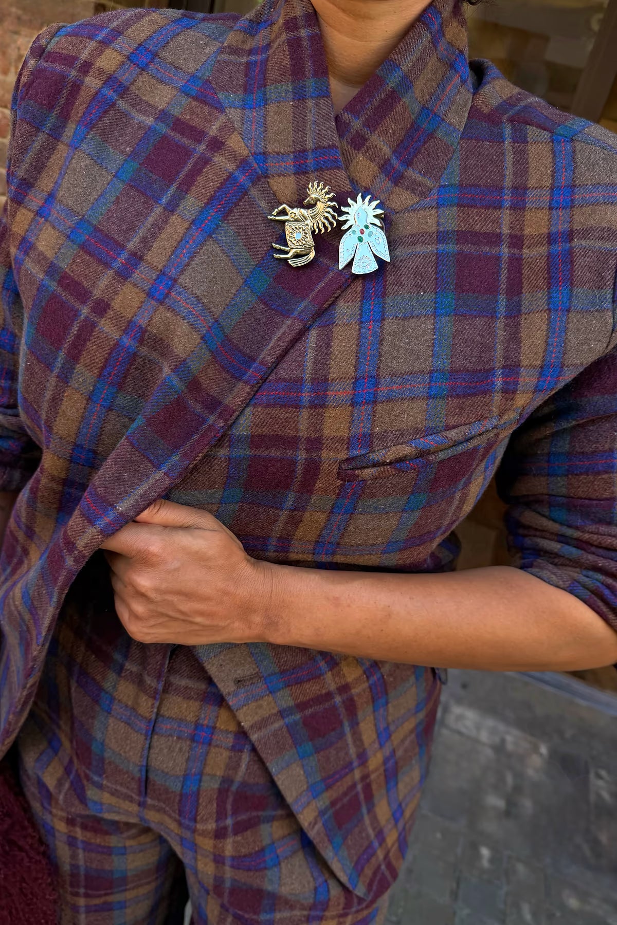 Check Fold Over Blazer - Bruin/Blauw