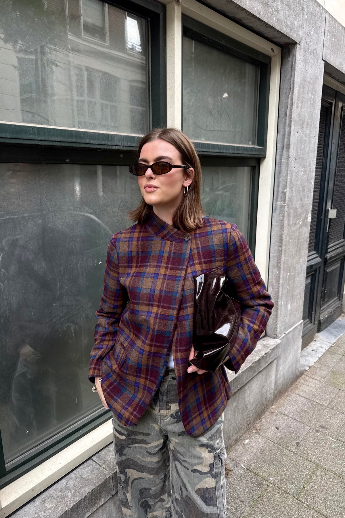 Check Fold Over Blazer - Bruin/Blauw