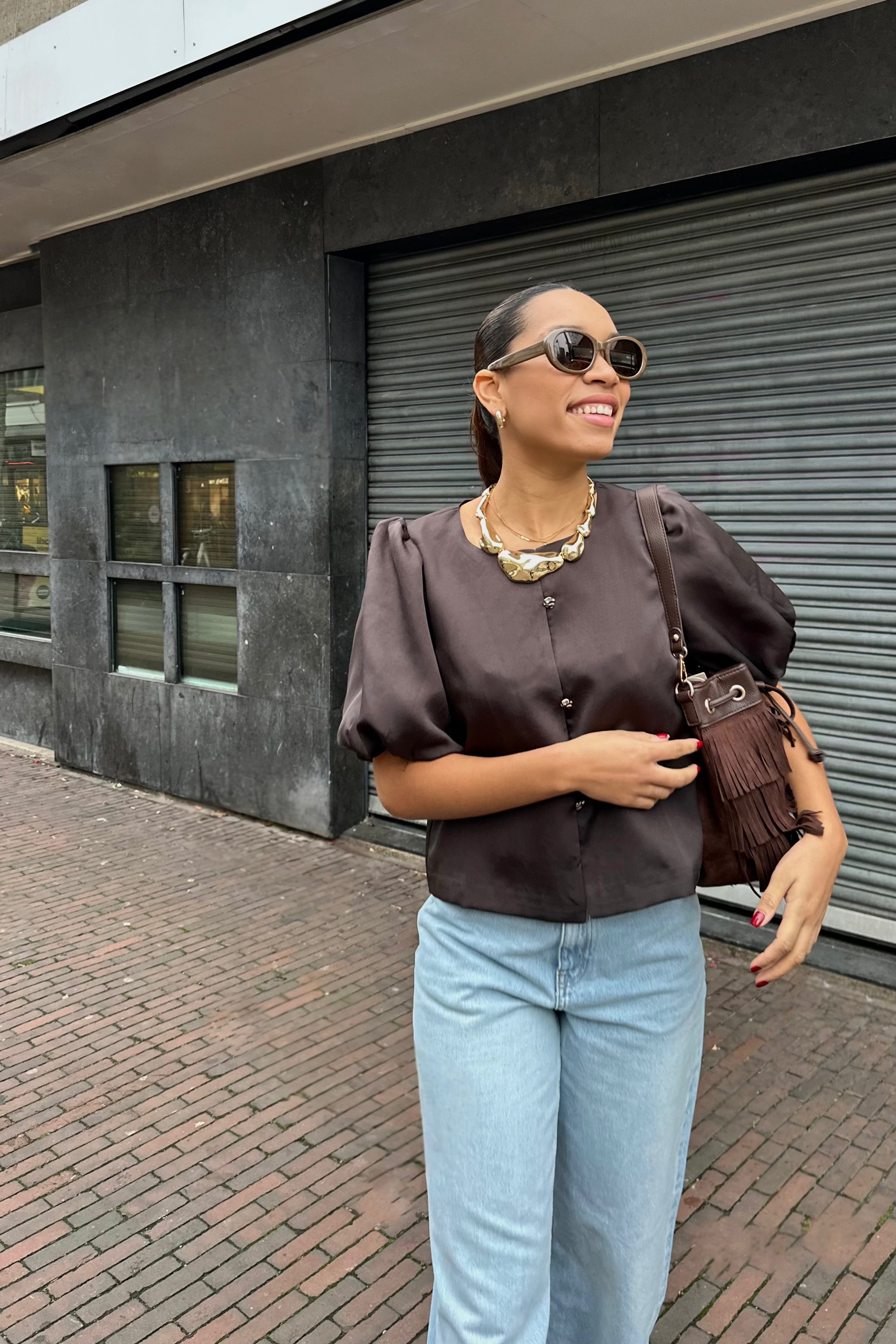 Aisa Satijnen Blouse - Donkerbruin