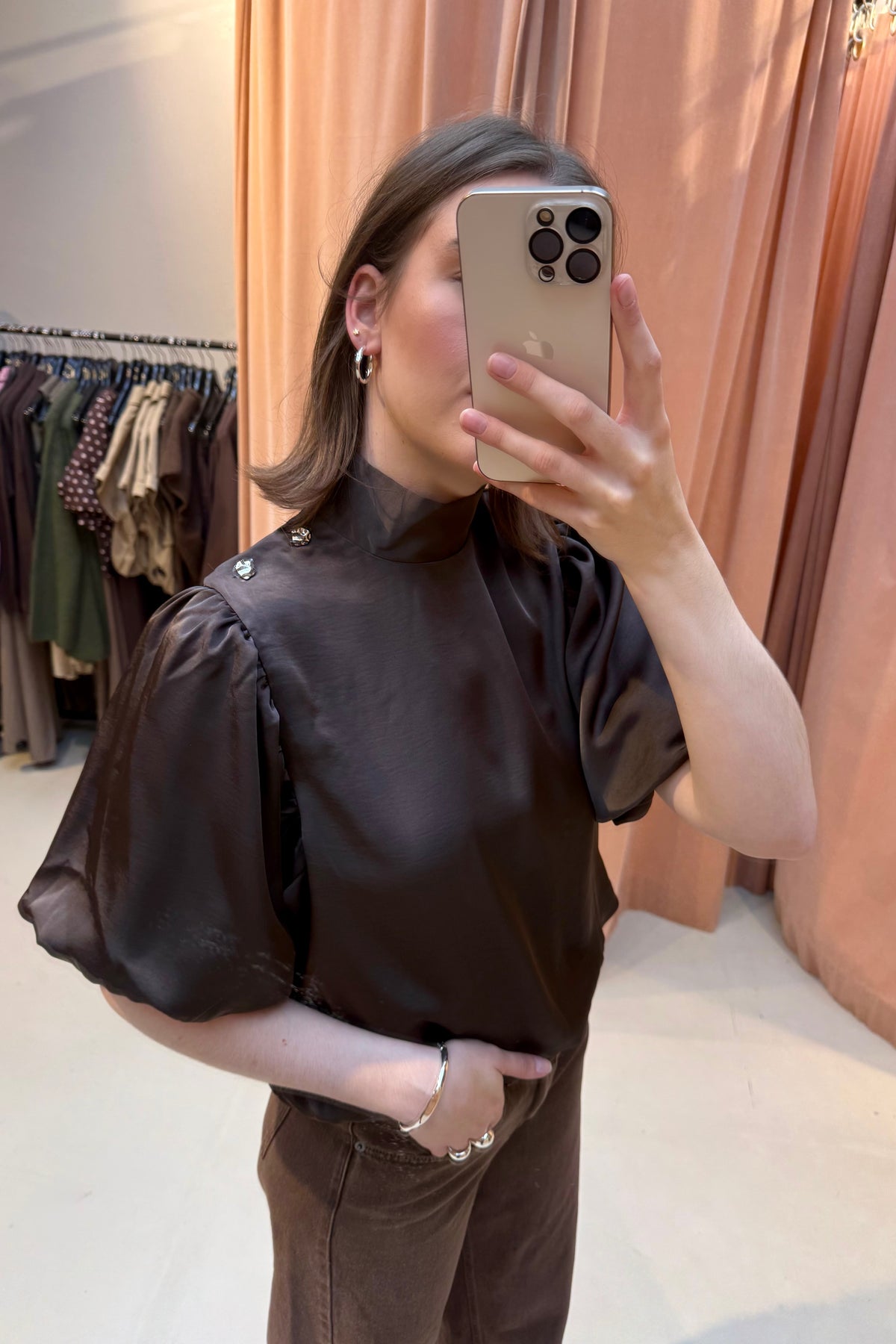 Parisa Heavy Satijnen Blouse - Donker Bruin