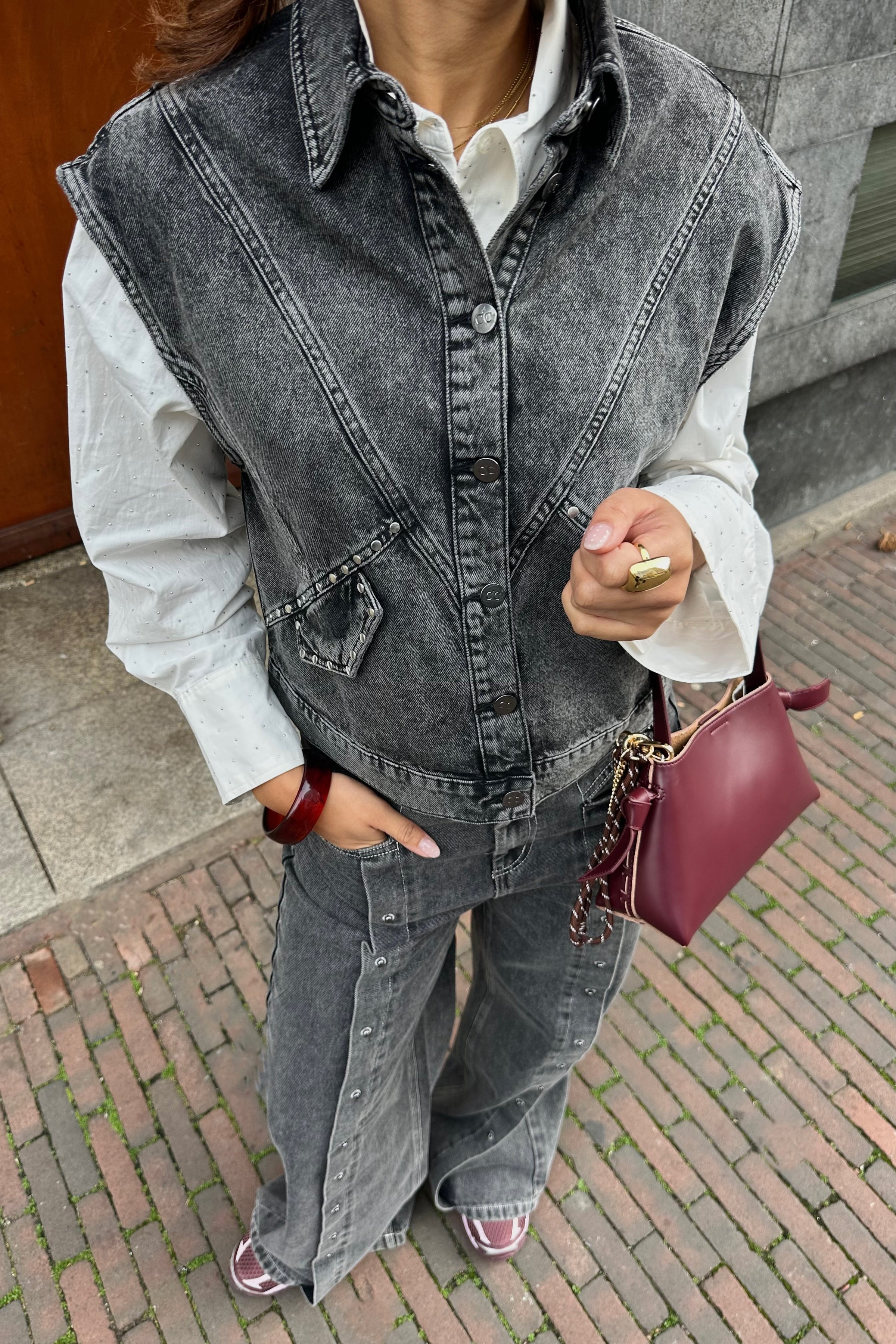 VickyCC Stud Denim Gilet - Donkergrijs