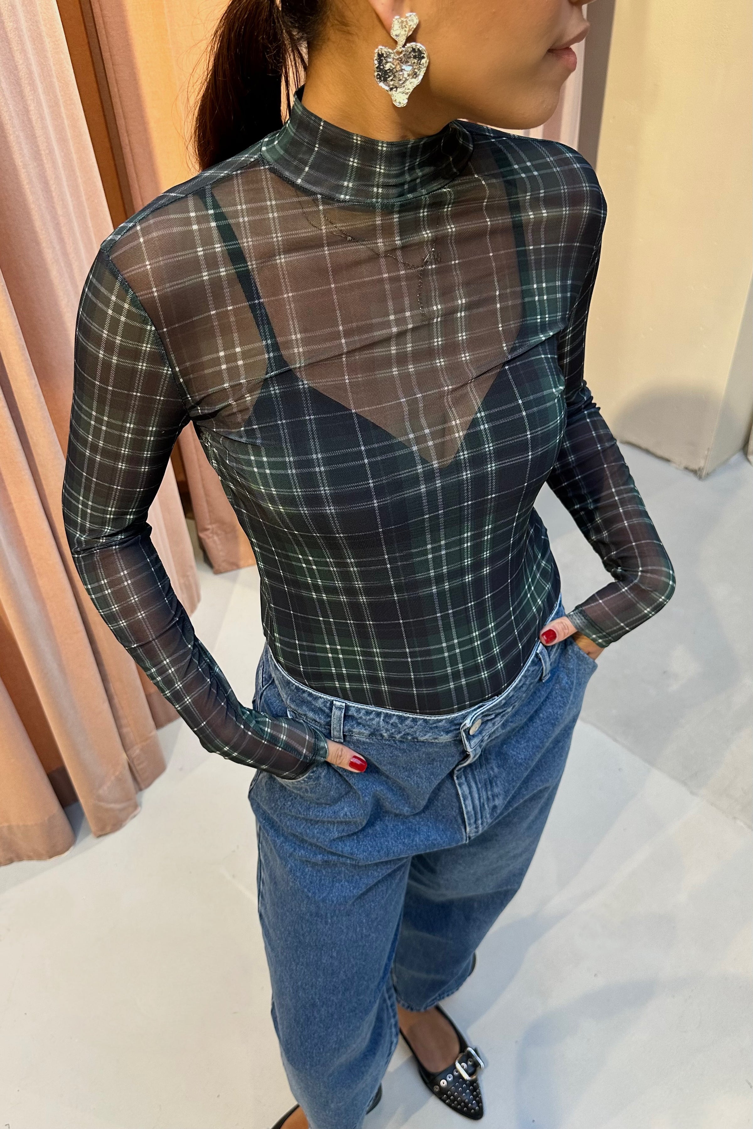 Fiore Geruite Longsleeve Top - Groen