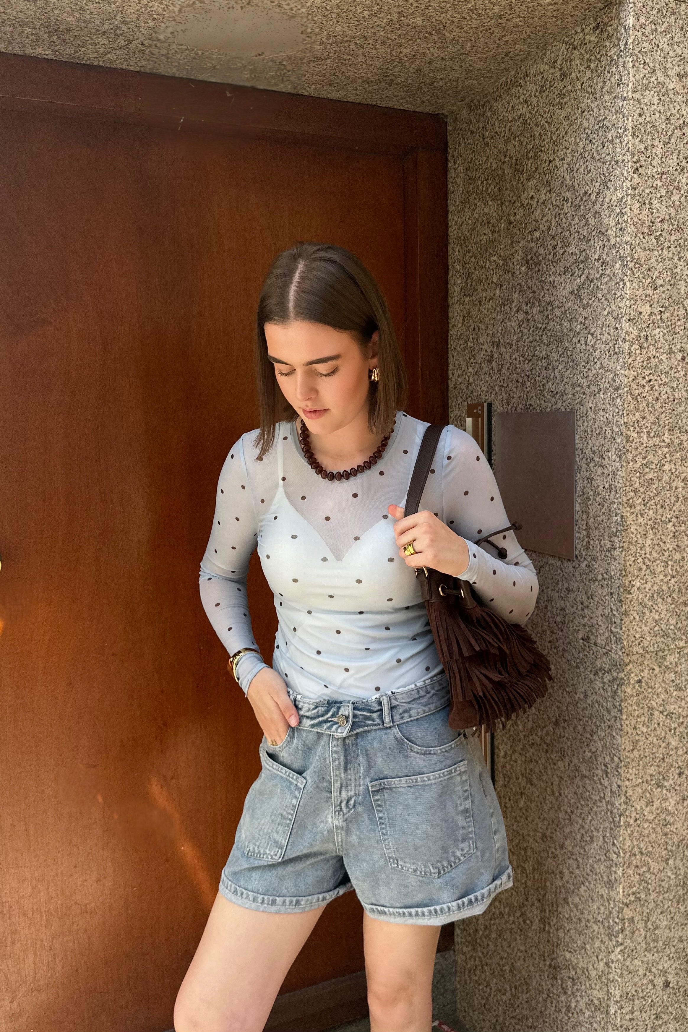 Ella Space Stippen Top - Licht Blauw
