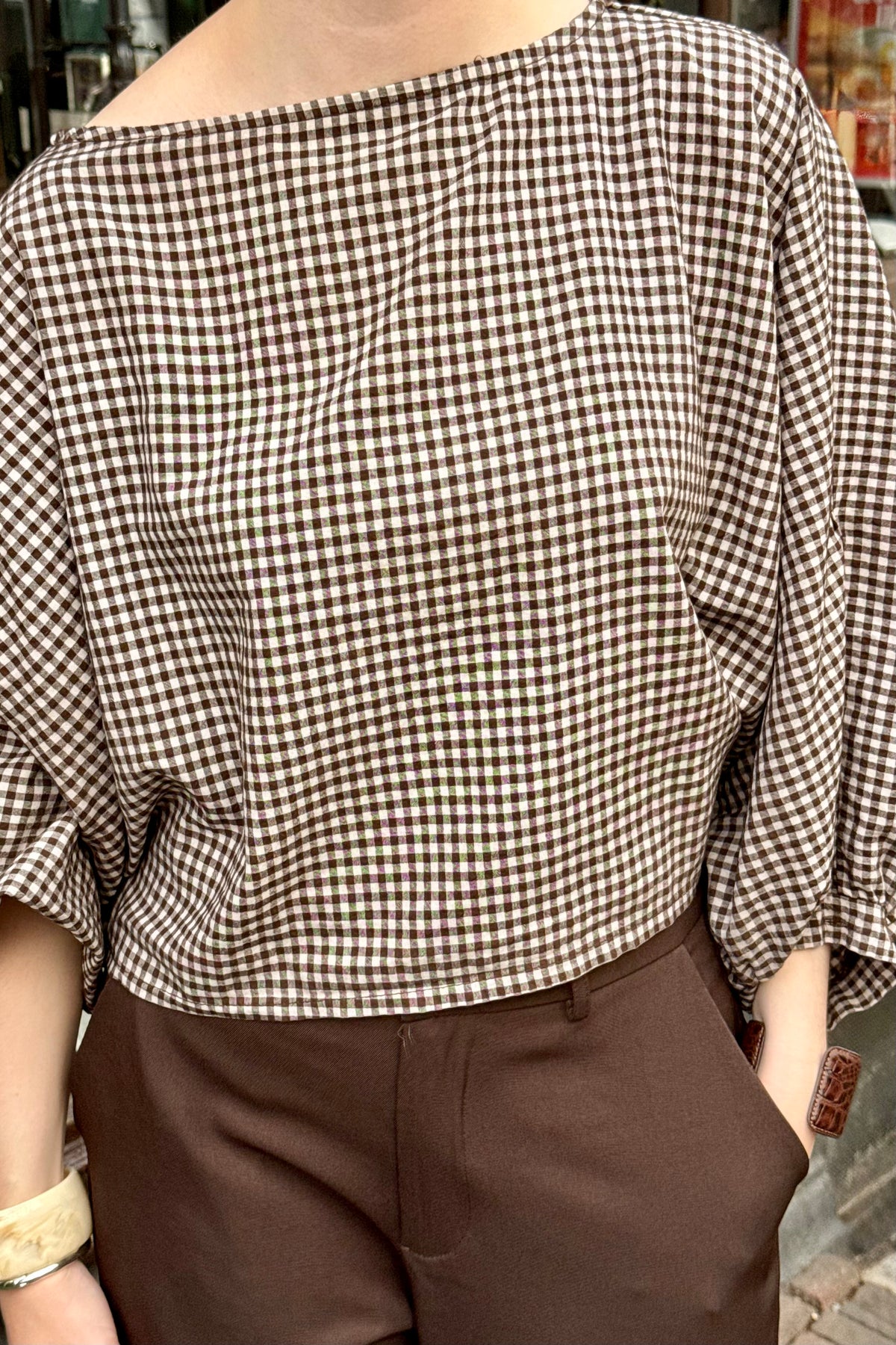 Jolene Geruite Blouse - Bruin