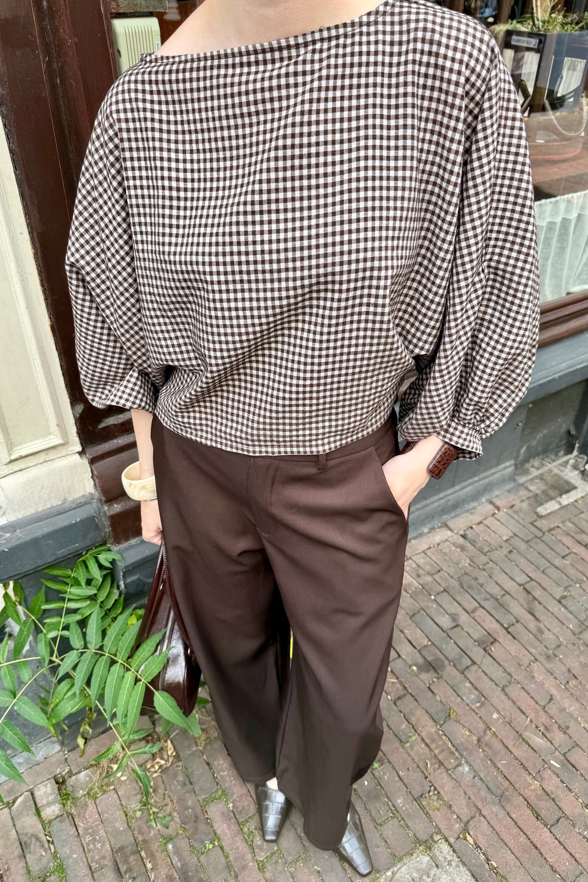Jolene Geruite Blouse - Bruin