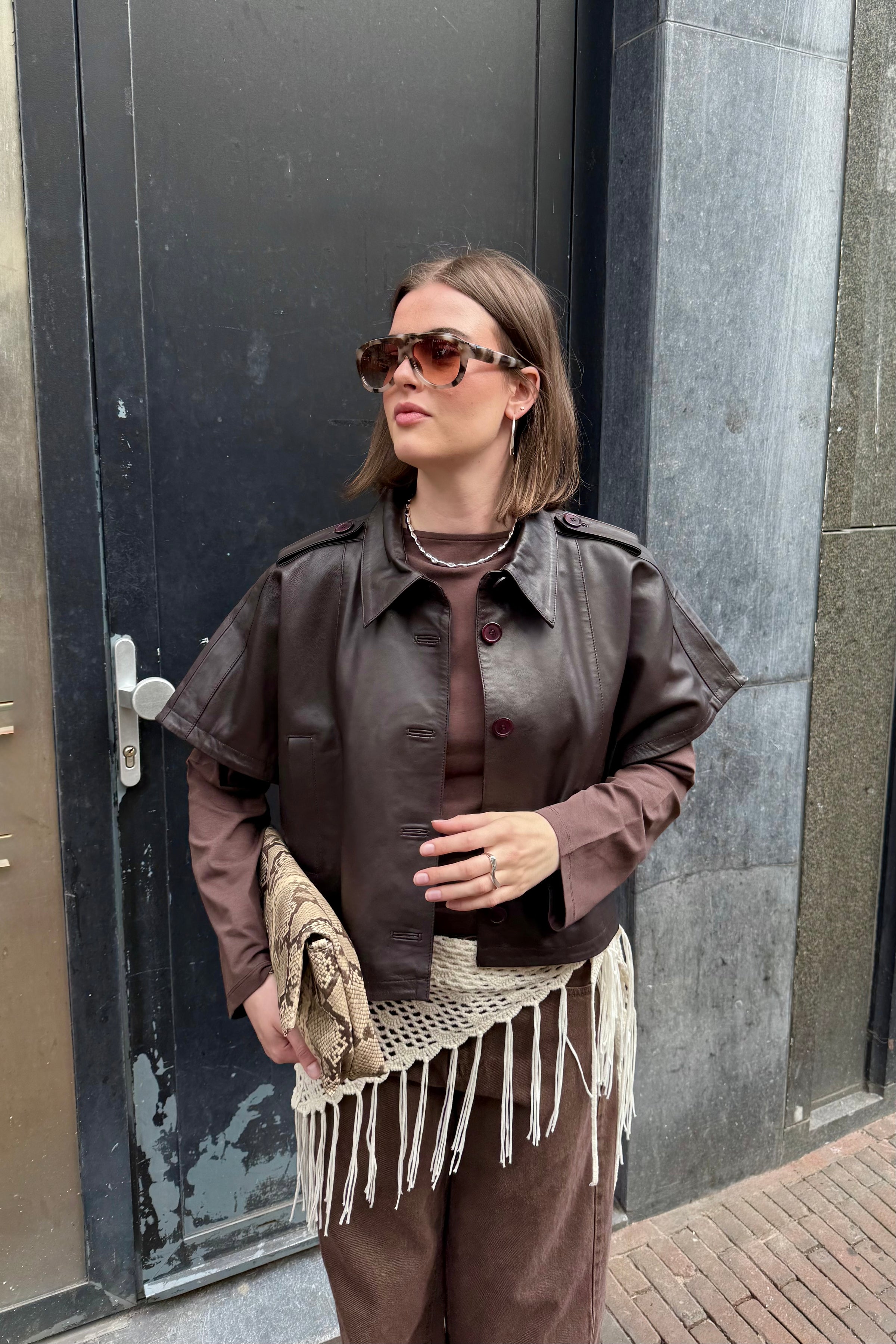 IVY Kaylie Katee Leren cape - Donkerbruin
