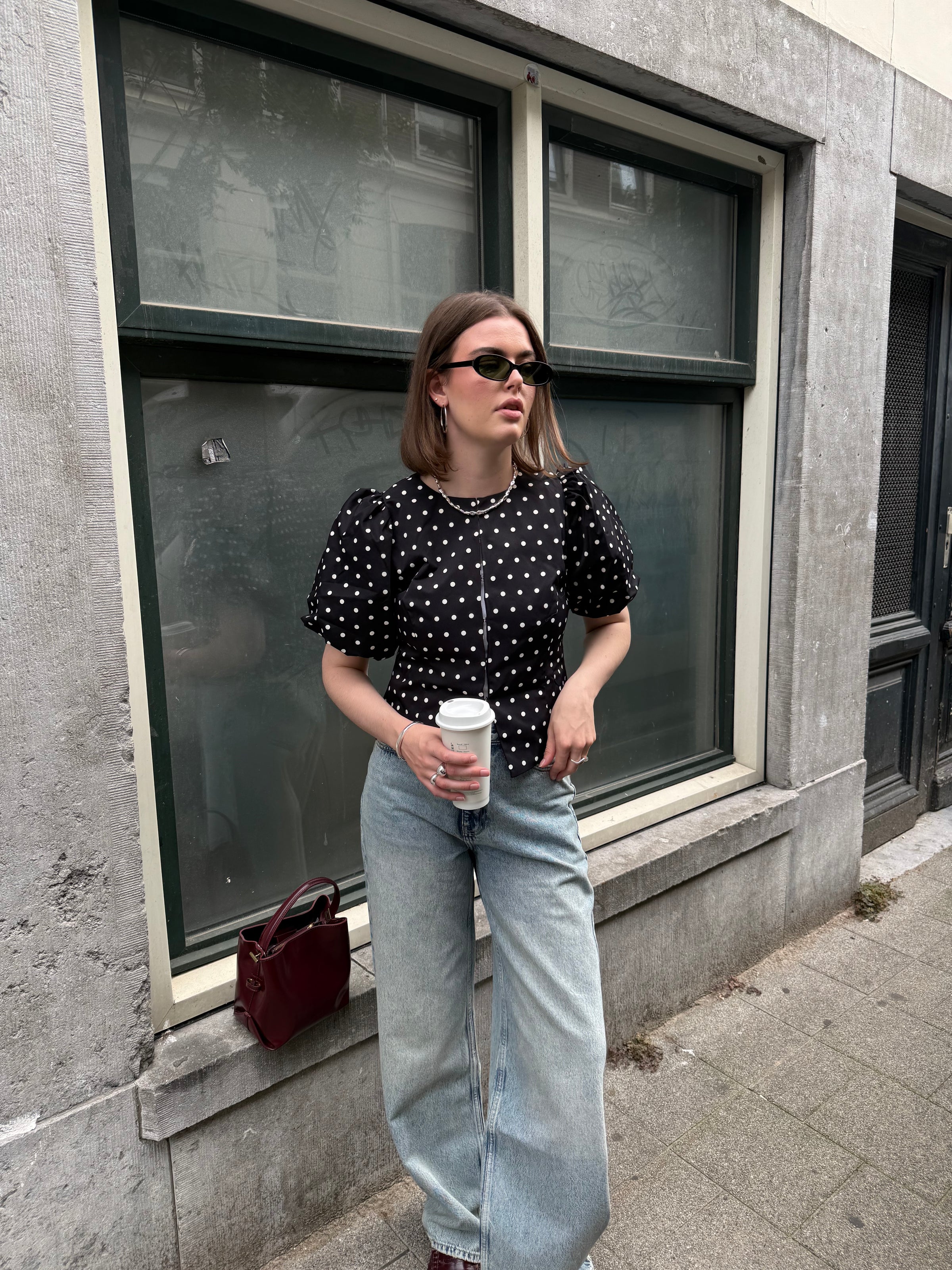 Anela Stippen Blouse - Zwart