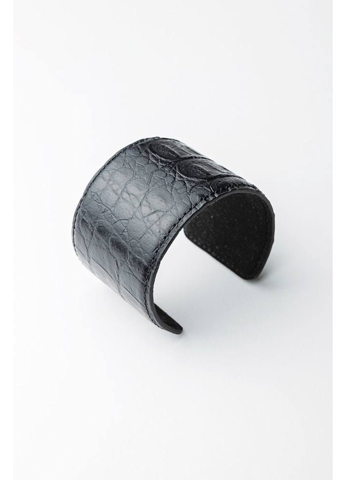 Leren Croco Cuff Armband - Zwart